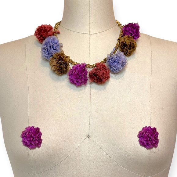 Vintage Sari Silk Multi Color Pom Pom Gold Chain Necklace - Picture 6 of 8